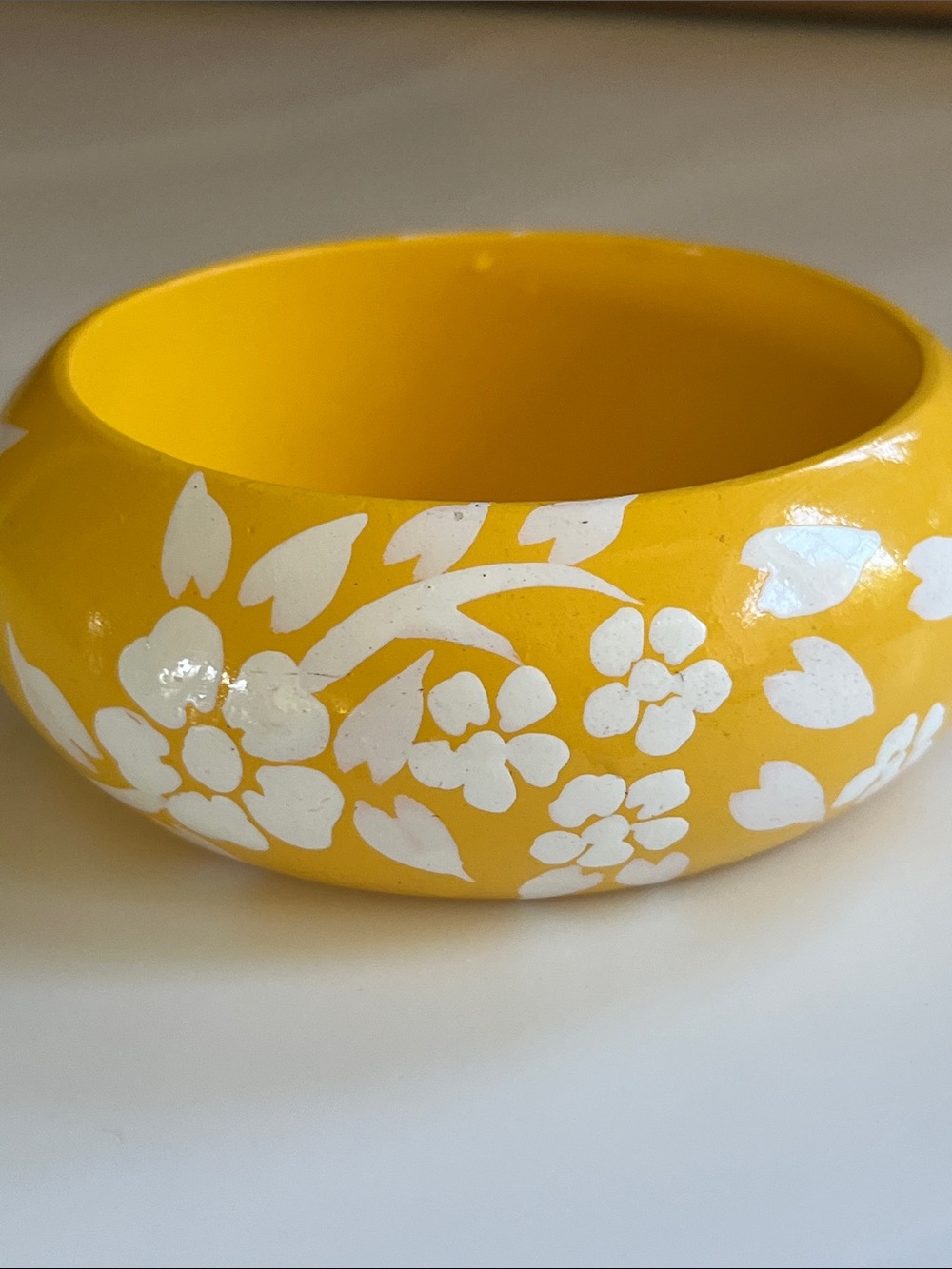 Yellow Floral bracelet - hand painted white Approx 1 2/8” thick
